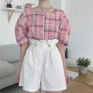 Plaid Short-sleeve Square Neck Blouse / Drawstring Waist Shorts