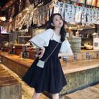 Set: Plain Elbow-sleeve T-shirt + Spaghetti Strap Dress