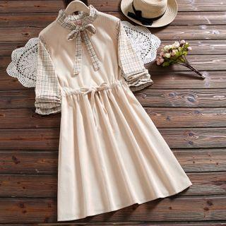 Plaid Panel Long-sleeve A-line Corduroy Dress