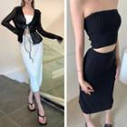 Long-sleeve See-through Shirt / Cropped Tube Top / High-waist Midi Skirt