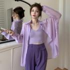 Knit Cropped Camisole Top / Light Shirt Jacket / Wide Leg Dress Pants / Set