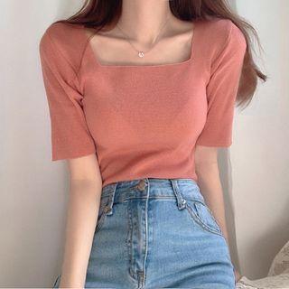 Short-sleeve Square Neck Plain Knit Top