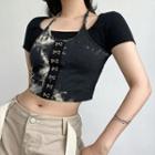 Short-sleeve Mock Two-piece Printed Cropped T-shirt