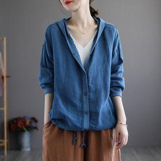 Elbow-sleeve Hooded Button-up Jacket