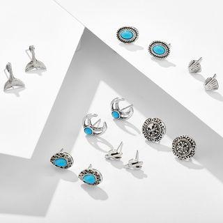 Set Of 7 Pairs: Ear Stud 9823 - Silver - One Size