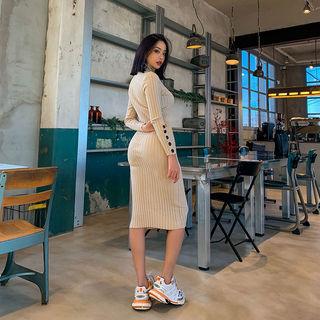 Buttoned-sleeve Knit Bodycon Dress