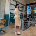 Buttoned-sleeve Knit Bodycon Dress