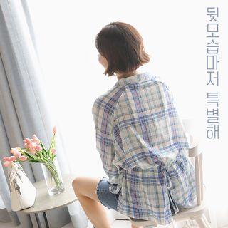 Open-placket Drawstring-waist Checked Top