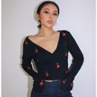 Cherry-print Wrapped Knit Top
