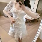 Short-sleeve Tiered Lace A-line Mini Dress
