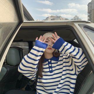 Sailor-neck Polo-neck Striped Sweatshirt