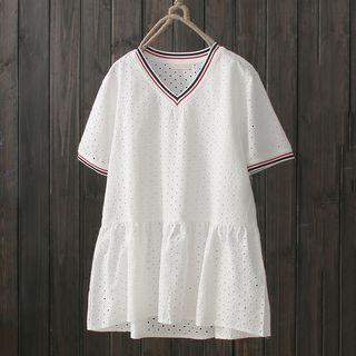 Striped Eyelet Lace Short-sleeve Top