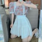 Floral Square-neck Blouse / Lace Panel Mini A-line Skirt