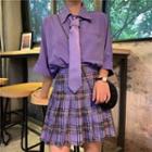 Elbow-sleeve Shirt / Tie / Mini Plaid Pleated Skirt / Set