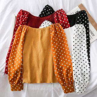 Dotted Chiffon-sleeved Boatneck Knit Top
