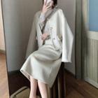 Set: Fringed Trim Blazer + Midi A-line Skirt