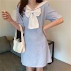 Short Sleeve Sailor Collar Bow Accent A-line Dress