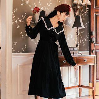 Lace Trim Collared Velvet Dress
