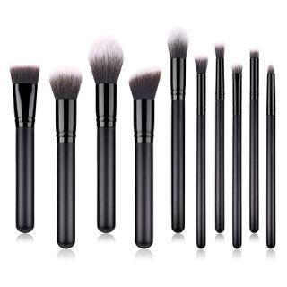 Set Of 10 : Makeup Brush T-10-173 - 10 Pcs - Wooden Handle - Black - One Size