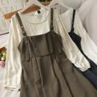 Set: Puff-sleeve Plain Top + Sleeveless Mini Dress