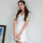 Flutter-sleeve Eyelet Lace Mini Dress