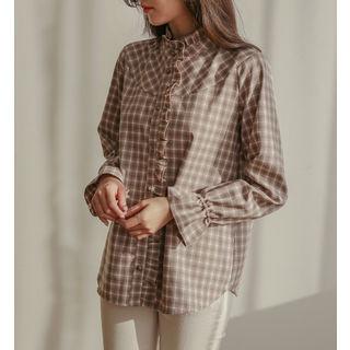 Bell-cuff Frill-trim Plaid Blouse