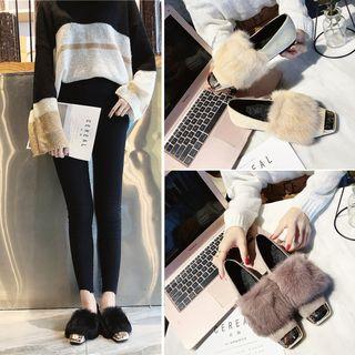 Metallic Square Toe Furry Panel Flats
