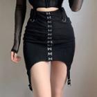 Long-sleeve Crop Top / Hook And Eye Mini Skirt