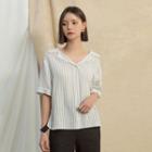 Open-placket Banded-detail Stripe Shirt White - One Size