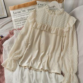 Mock-neck Lace Dotted Blouse