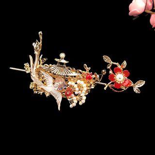 Retro Bird & Beaded Floral Hair Stick