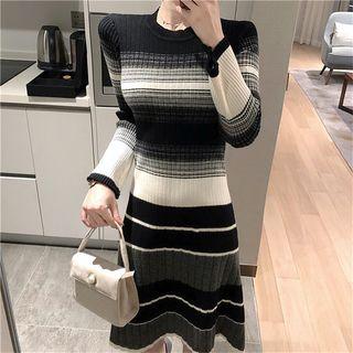 Color-block Striped Long-sleeve Slim-fit Knit Dress