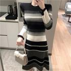 Color-block Striped Long-sleeve Slim-fit Knit Dress