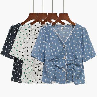 V-neck Dotted Lace Button-up Blouse
