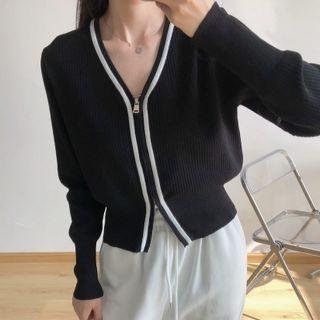 Contrast Trim V-neck Zip Cardigan