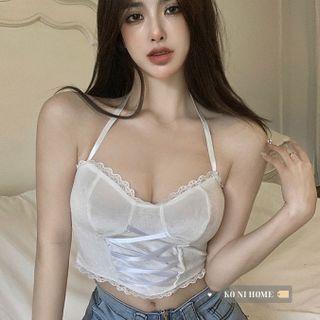 Halter Neck Lace Trim Crop Camisole Top