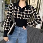 Houndstooth Long-sleeve Slim-fit Cropped Knit Top Almond - One Size
