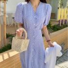 Puff-sleeve Dots Single Breasted Dress Purple - One Size