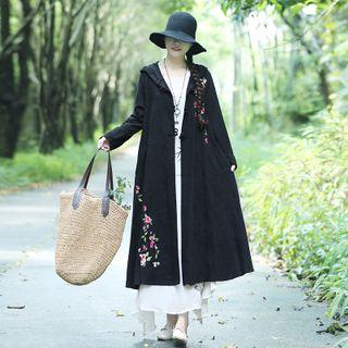 Hooded Floral Embroidered Frog Buttoned Jacket
