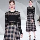 Set: Long-sleeve Loose Knit Top + Check Midi A-line Skirt
