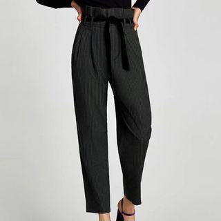 Pinstriped High Waist Straight Cut Pants