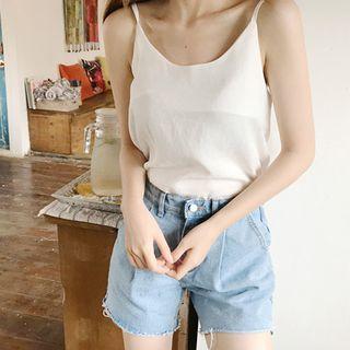 Pintuck-front Fray-hem Denim Shorts