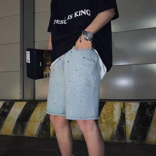 Paint Splatter Denim Straight-cut Shorts