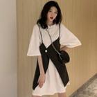 Elbow-sleeve T-shirt / Spaghetti Strap Pinafore Dress
