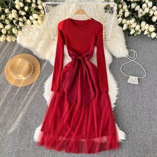 Tie-front Midi A-line Knit Dress