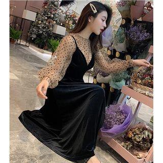 Spaghetti Strap Midi Velvet Dress / Lantern-sleeve Dotted Top