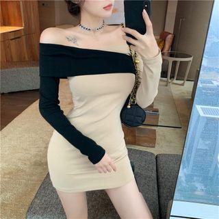 Long-sleeve Off-shoulder Two-tone Bodycon Dress