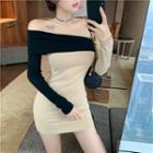 Long-sleeve Off-shoulder Two-tone Bodycon Dress