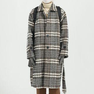 Tie-waist Plaid Wool Coat