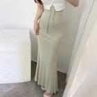 Drawstring Ruffle Hem Midi Pencil Skirt